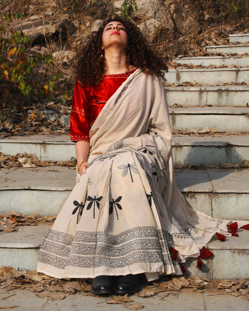 Dragonfly Dawn Hand Block Printed Cotton Saree